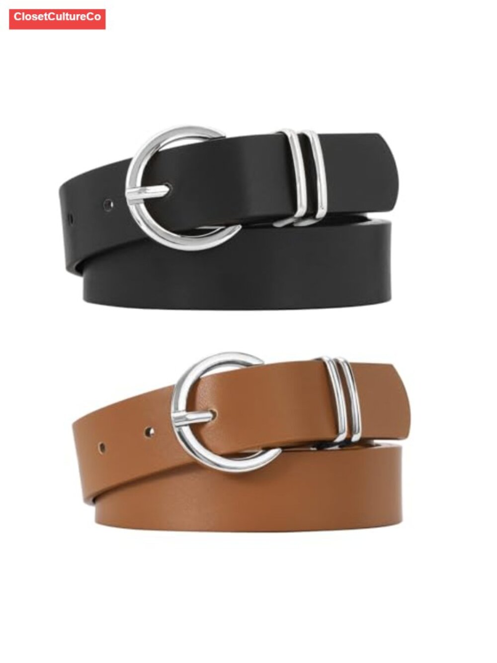2 Pack Faux Leather Belts Gold Buckle Adjustable Fit Jeans Dresses